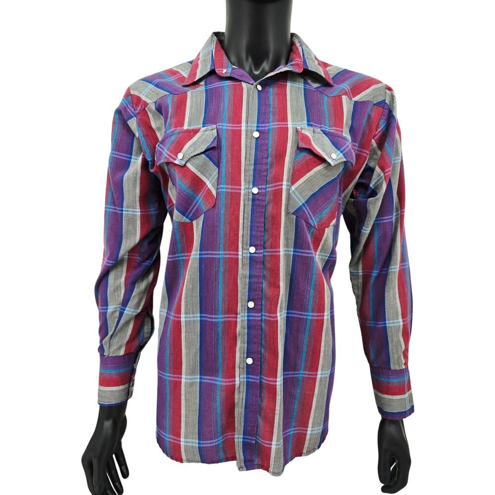 Vintage Men’s Western Plaid Button Up Shirt Purple Red XL